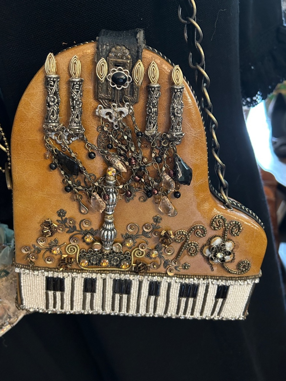RARE Mary Frances Embellished Piano-Shaped Crossbody Bag in Tan and Black